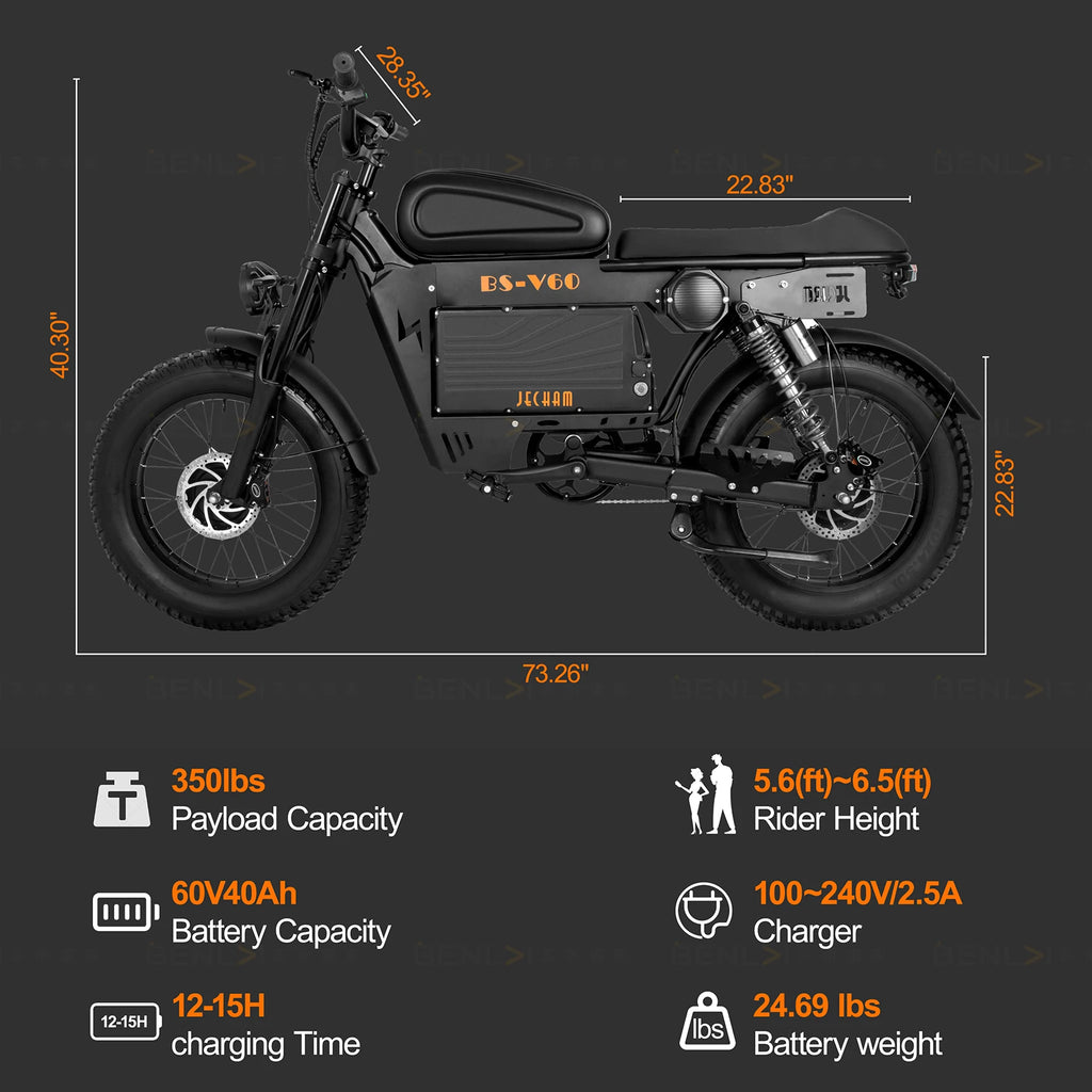 2500W Dual-Motor Electric Motorcycle 60V 40AH Battery, 120KM Range 20-inch Wide Tires with Hydraulic Brakes ebike