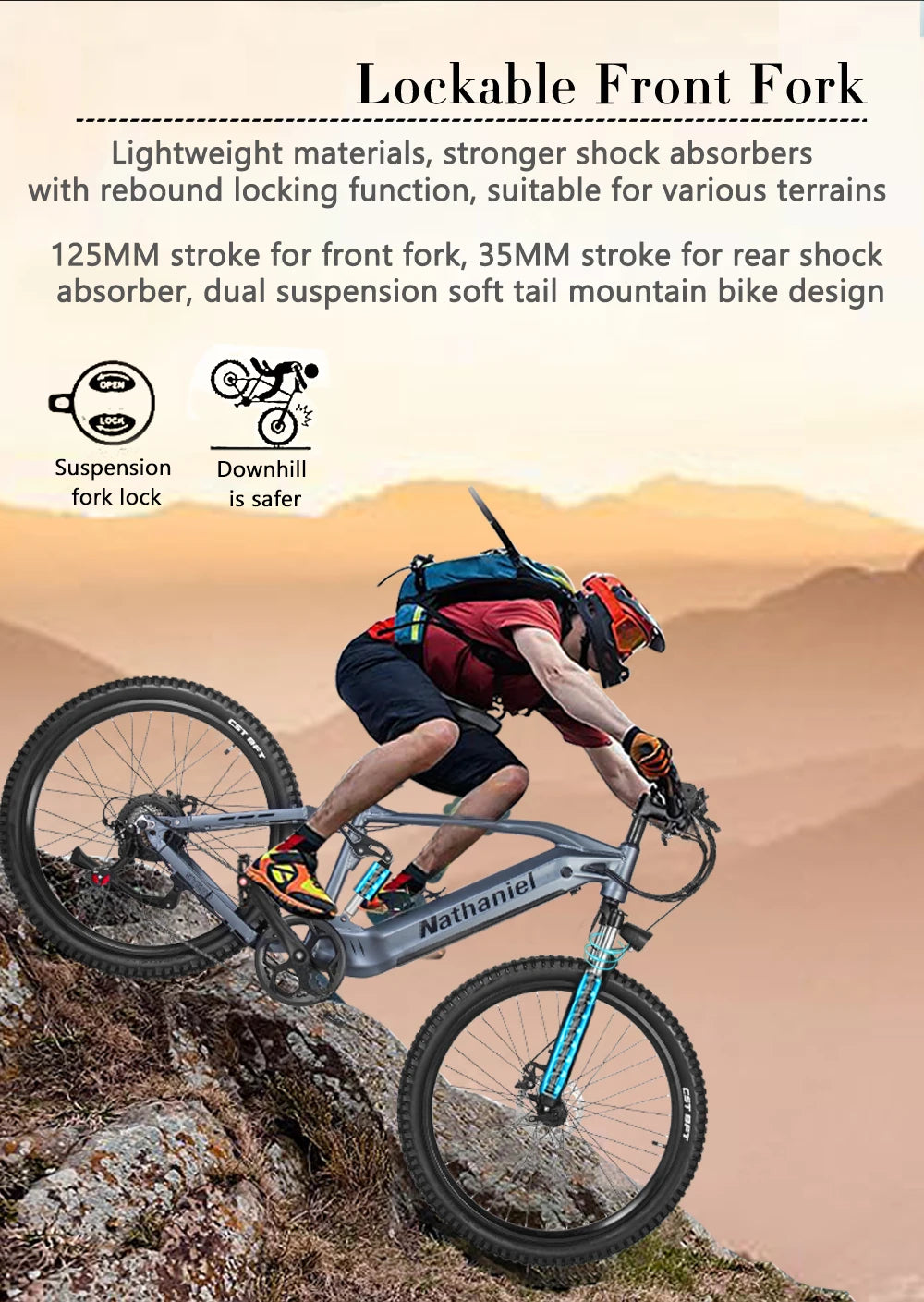 Nathaniel E-Bike,1000W Brushless Motor,27.5"Adult E-Mountain Bike,45Ah large capacity batteries,7 speed,45KM/H,Outdoor Trip Bike