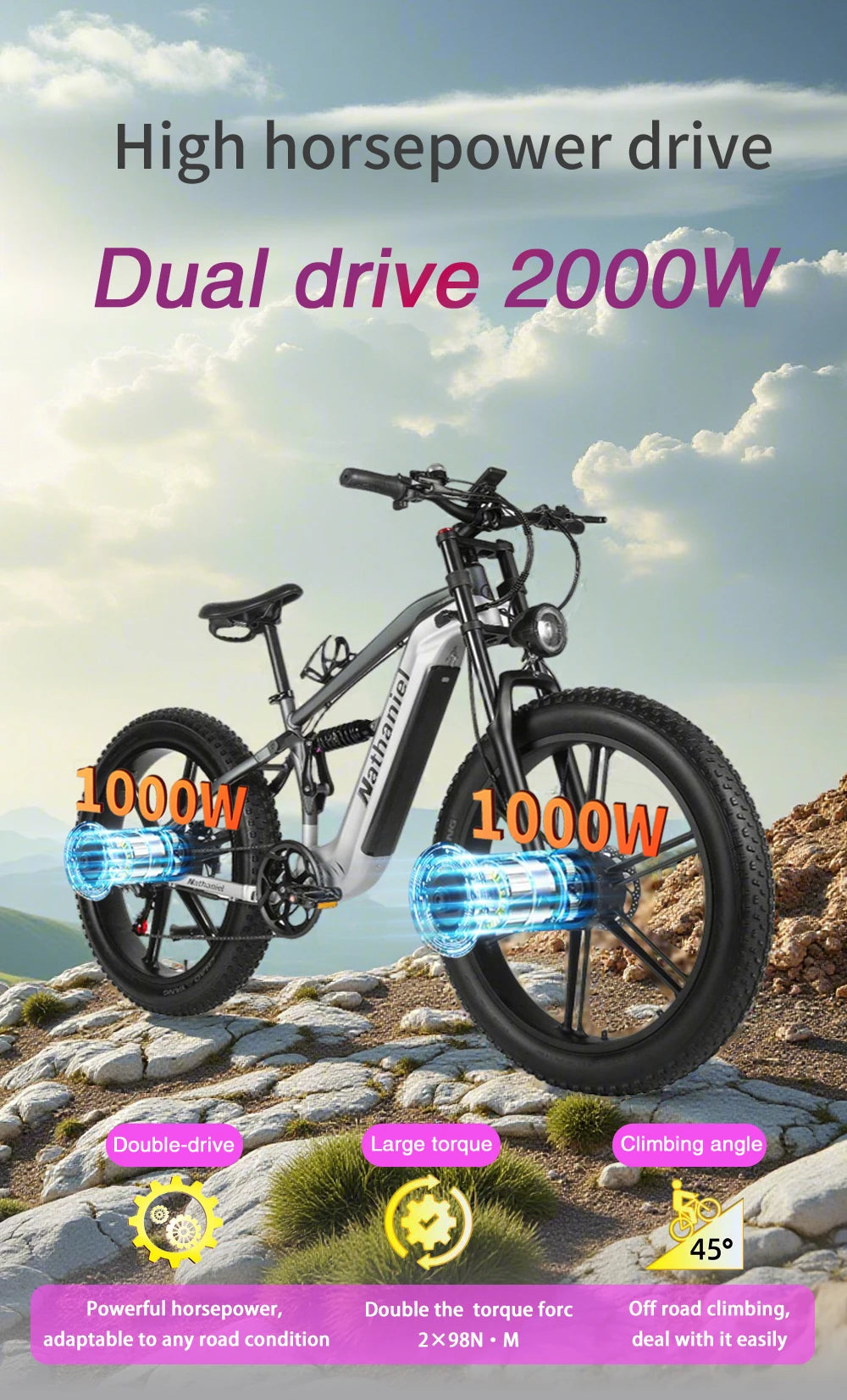 Nathaniel SYR09 Electric Bike 2000W Dual Motor,26*4.0 Fat Tire Integrated Wheel,48V20Ah,55KM/H,All-Terrain Outdoor Sports E-bike