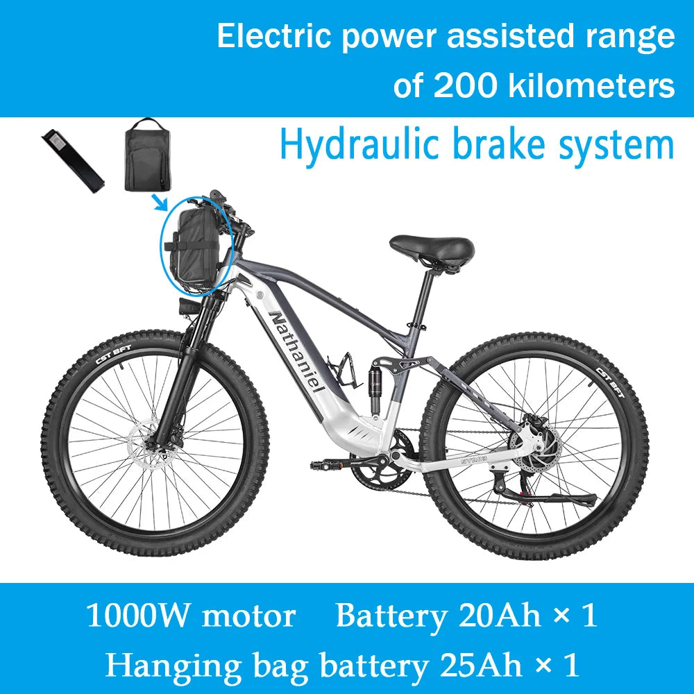 Nathaniel E-Bike,1000W Brushless Motor,27.5"Adult E-Mountain Bike,45Ah large capacity batteries,7 speed,45KM/H,Outdoor Trip Bike