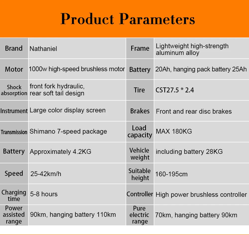 Nathaniel E-Bike,1000W Brushless Motor,27.5"Adult E-Mountain Bike,45Ah large capacity batteries,7 speed,45KM/H,Outdoor Trip Bike