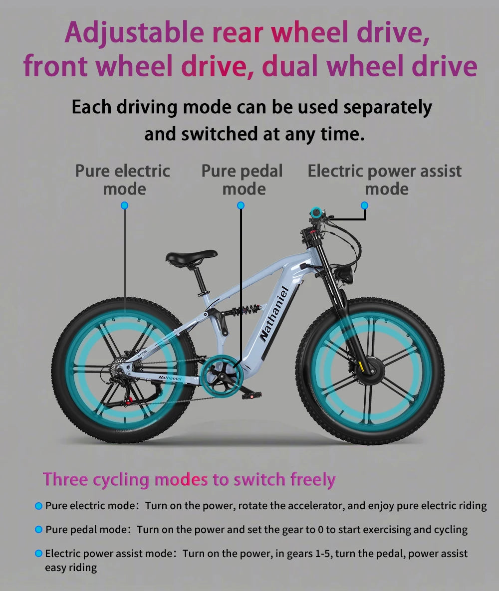 Nathaniel SYR09 Electric Bike 2000W Dual Motor,26*4.0 Fat Tire Integrated Wheel,48V20Ah,55KM/H,All-Terrain Outdoor Sports E-bike