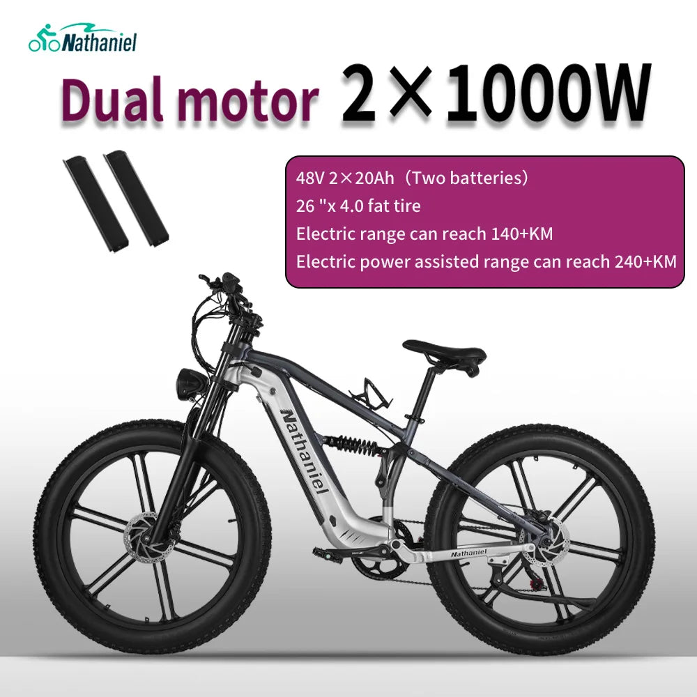 Nathaniel SYR09 Electric Bike 2000W Dual Motor,26*4.0 Fat Tire Integrated Wheel,48V20Ah,55KM/H,All-Terrain Outdoor Sports E-bike