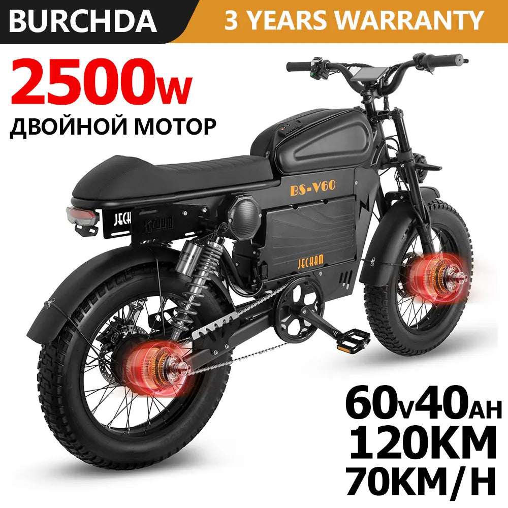 2500W Dual-Motor Electric Motorcycle 60V 40AH Battery, 120KM Range 20-inch Wide Tires with Hydraulic Brakes ebike