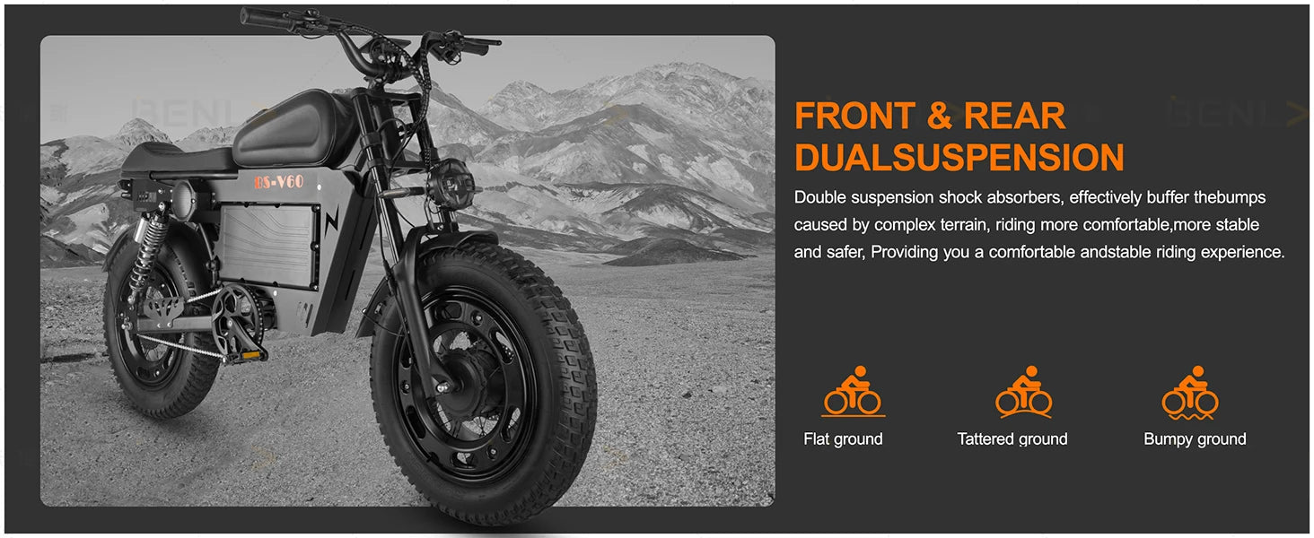 2500W Dual-Motor Electric Motorcycle 60V 40AH Battery, 120KM Range 20-inch Wide Tires with Hydraulic Brakes ebike