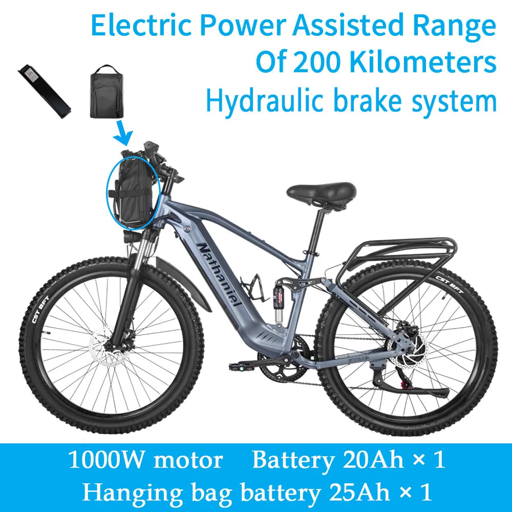 Nathaniel E-Bike,1000W Brushless Motor,27.5"Adult E-Mountain Bike,45Ah large capacity batteries,7 speed,45KM/H,Outdoor Trip Bike