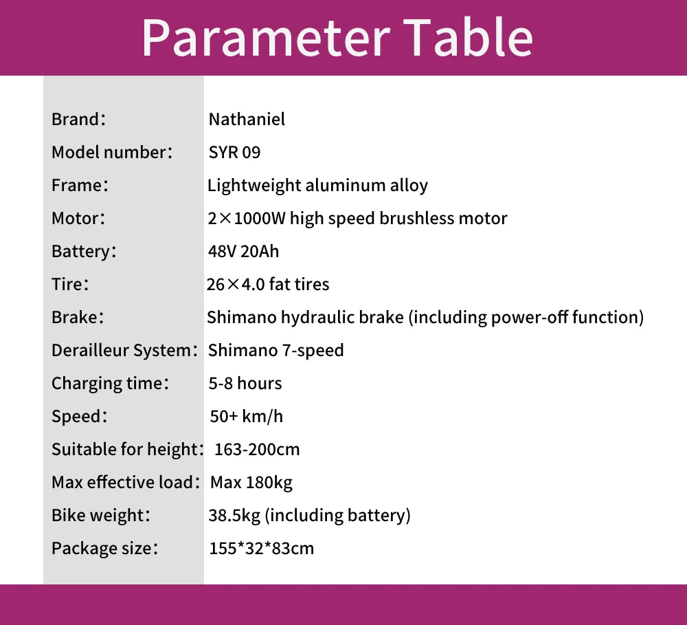Nathaniel SYR09 Electric Bike 2000W Dual Motor,26*4.0 Fat Tire Integrated Wheel,48V20Ah,55KM/H,All-Terrain Outdoor Sports E-bike