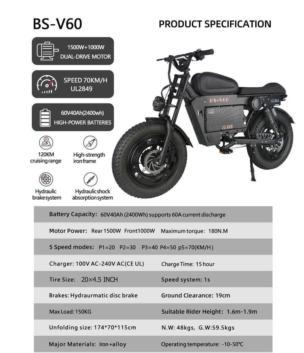 2500W Dual-Motor Electric Motorcycle 60V 40AH Battery, 120KM Range 20-inch Wide Tires with Hydraulic Brakes ebike
