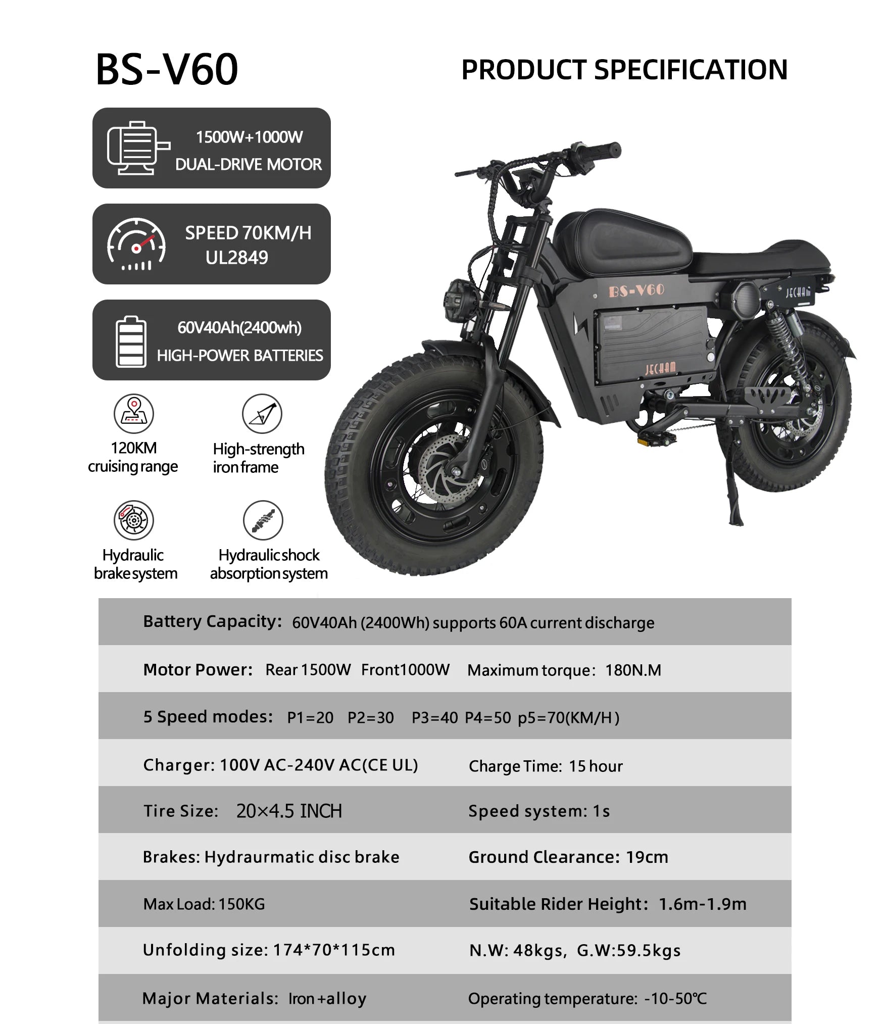 2500W Dual-Motor Electric Motorcycle 60V 40AH Battery, 120KM Range 20-inch Wide Tires with Hydraulic Brakes ebike