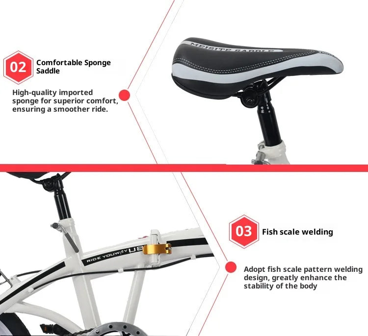 20 Inch Folding Bike Foldable 7 Speed Compact Portable Urban Commuter Bicycle Gift Road Adult Women Trifold Fixed Complete