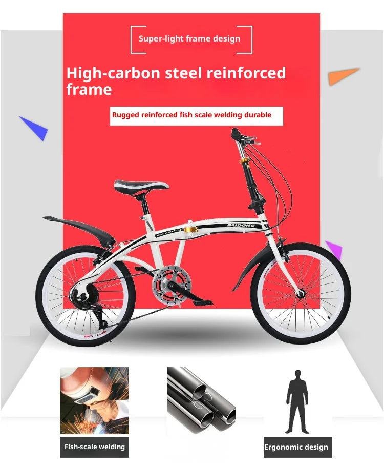 20 Inch Folding Bike Foldable 7 Speed Compact Portable Urban Commuter Bicycle Gift Road Adult Women Trifold Fixed Complete