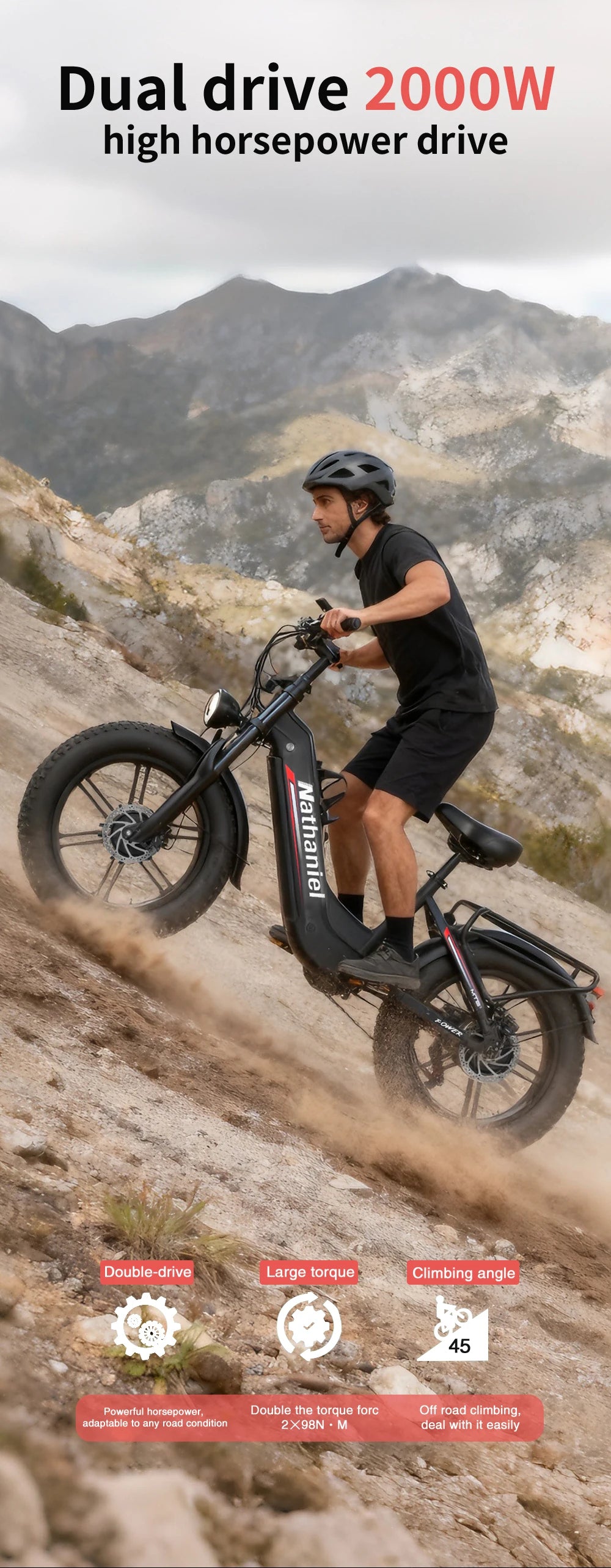 Nathaniel SYR08 2000W Dual Motor E-Bike,20*4.0 Fat Tire,20AH Detachable battery,Speed 50+,Daily commuting, Adult Electric Bike