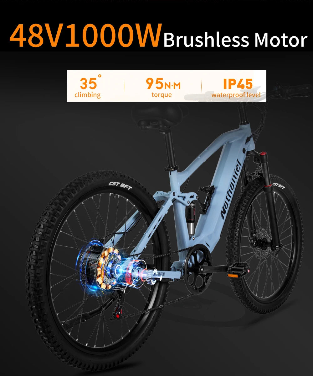 Nathaniel E-Bike,1000W Brushless Motor,27.5"Adult E-Mountain Bike,45Ah large capacity batteries,7 speed,45KM/H,Outdoor Trip Bike