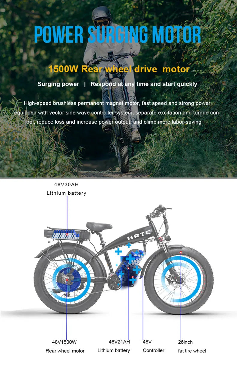 26inch Fat Tire e-Bike﻿﻿ 48v1500w High power rear drive motor 50ah Dual lithium battery long range Mobility aid snow tyre e-bike