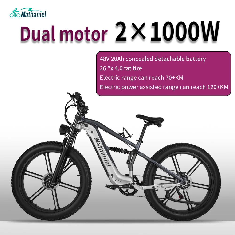 Nathaniel SYR09 Electric Bike 2000W Dual Motor,26*4.0 Fat Tire Integrated Wheel,48V20Ah,55KM/H,All-Terrain Outdoor Sports E-bike
